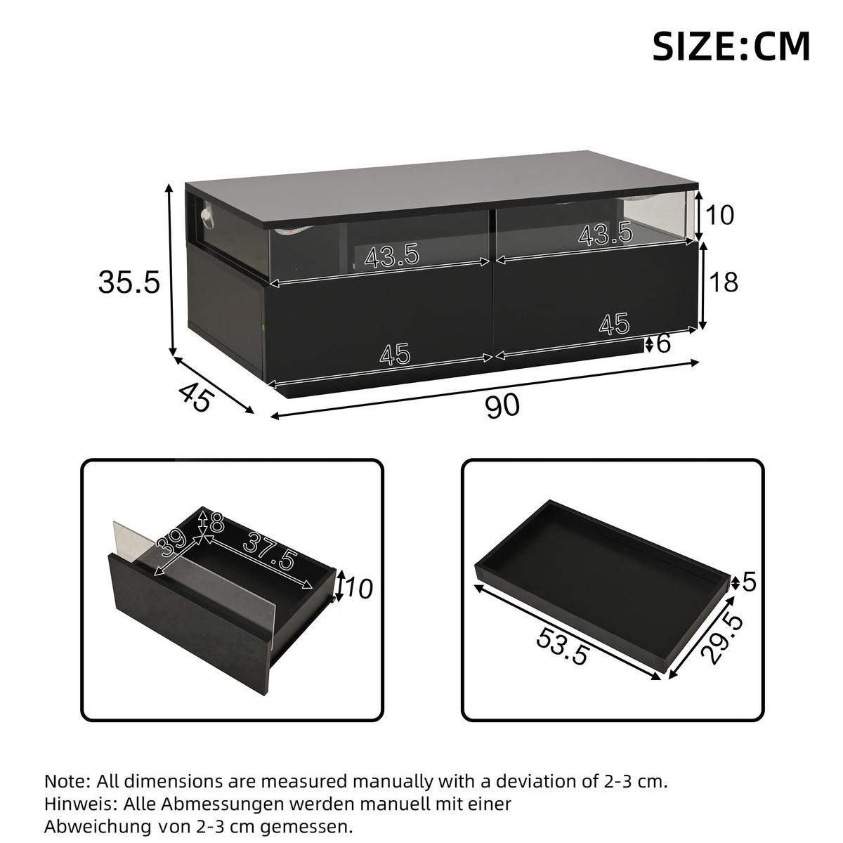 COUCHTISCH 90/45/35,5 cm Schwarz aus Holzwerkstoff mit abnehmbarem Tablett und LED-Licht - Schwarz, Holzwerkstoff (90/45/35.5cm) - OKWISH