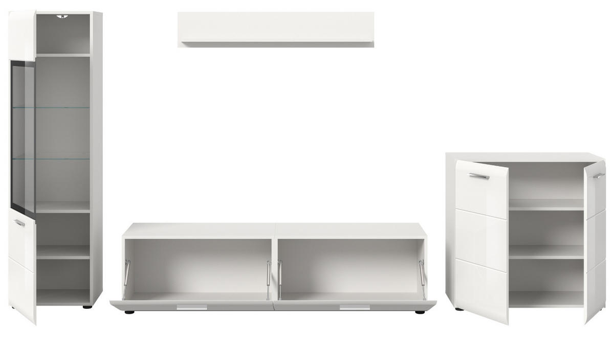 WOHNWAND weiß Hochglanz 4-teilig 315 cm, Schrankwand mit viel Stauraum - Weiß Hochglanz/Silberfarben, Glas/Holzwerkstoff (315/160/41cm) - Inn.Furn