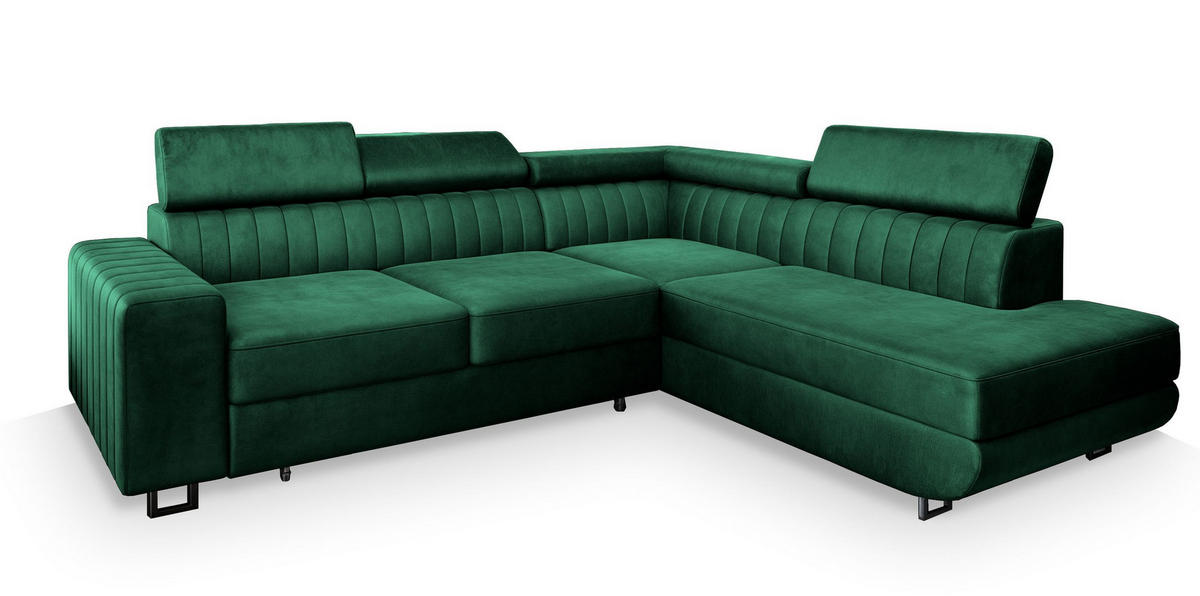ECKSOFA NOLA R-S Grün Velours-Stoff mit Schlaffunktion - Grün, Holz (253/190cm) - MASSENO