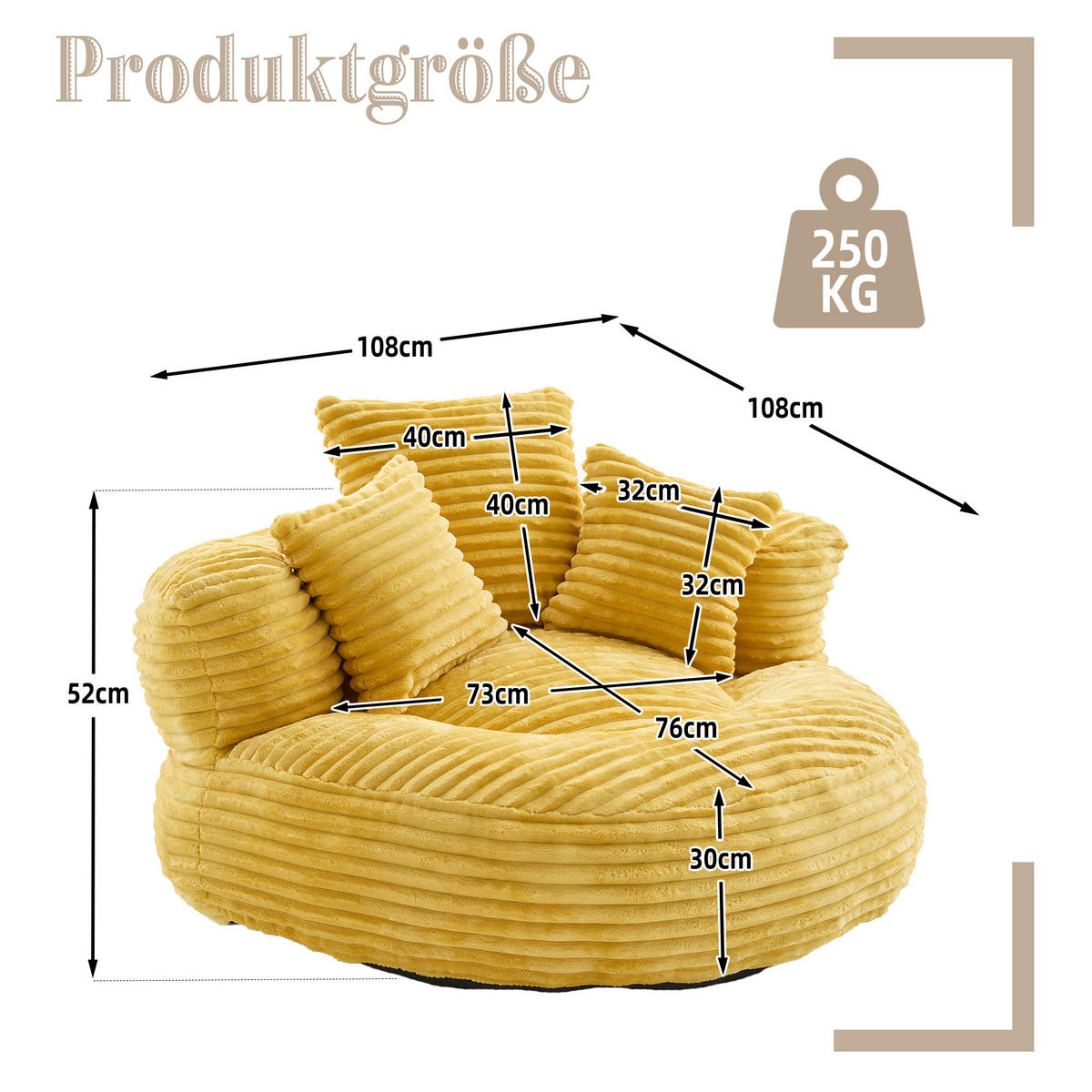SITZSACK Cord Senfgelb mit Armlehnen - Gelb, Textil (108/52/108cm) - WISHDOR