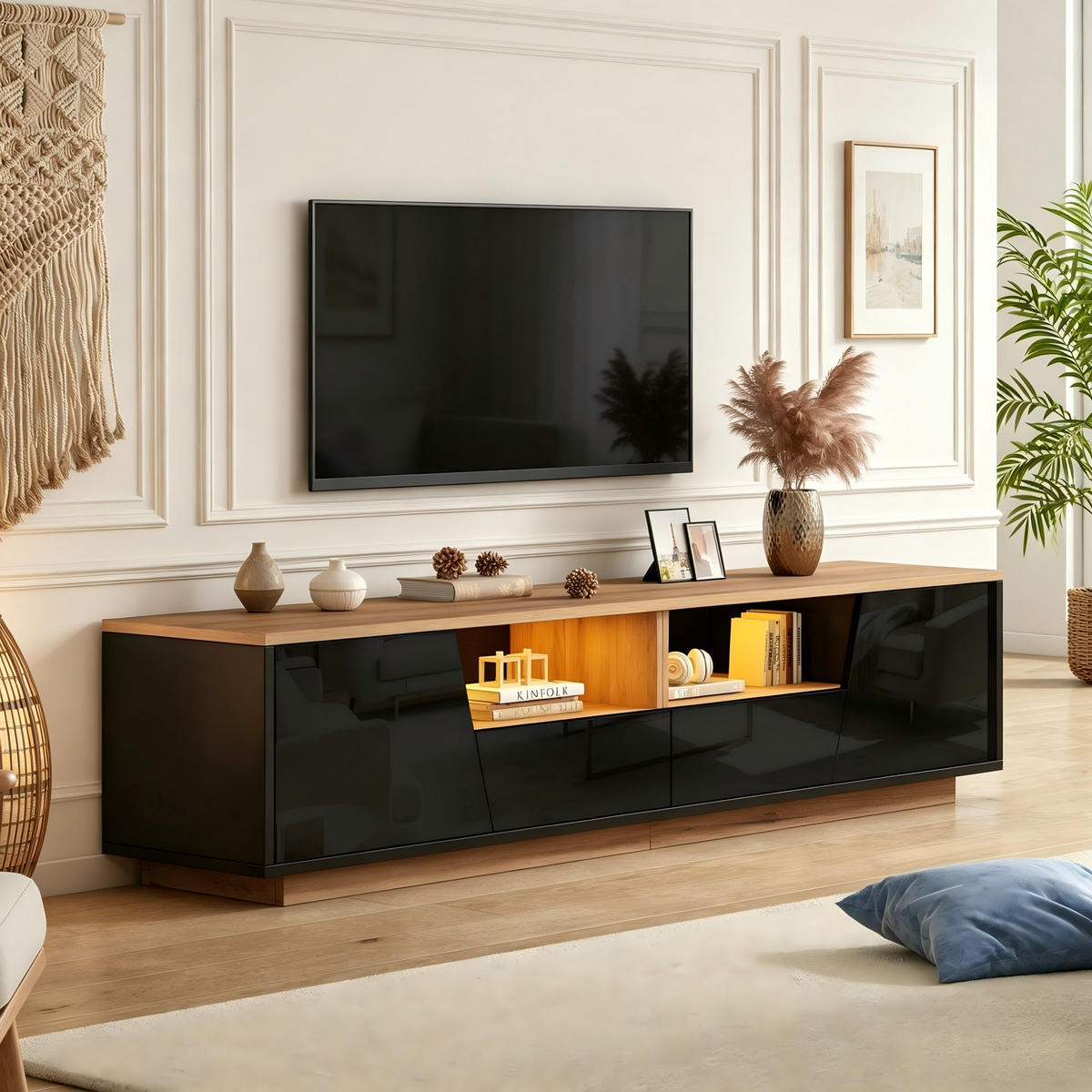 TV-SCHRANK 180/40/46 cm Schwarz mit LED, 2 Schubladen und 2 Türen - Schwarz, Holzwerkstoff (180/46/40cm) - Oxeza