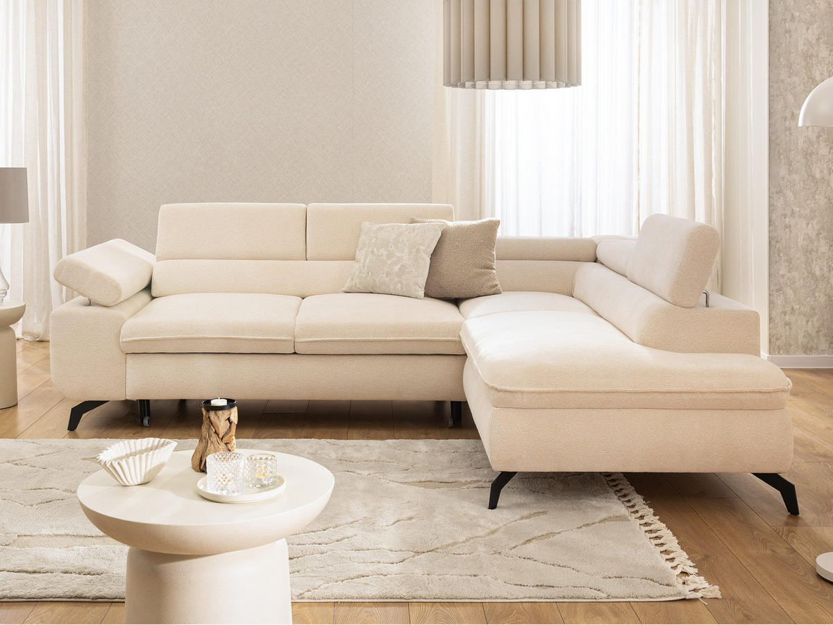 ECKSOFA mit Schlaffunktion und Bettkasten Bonnie aus Creme Chenille-Stoff mit verstellbaren Kopfstützen und Armlehne - Ottomane rechts - Creme/Schwarz, Holz/Textil (275/210cm) - S-Style Möbel