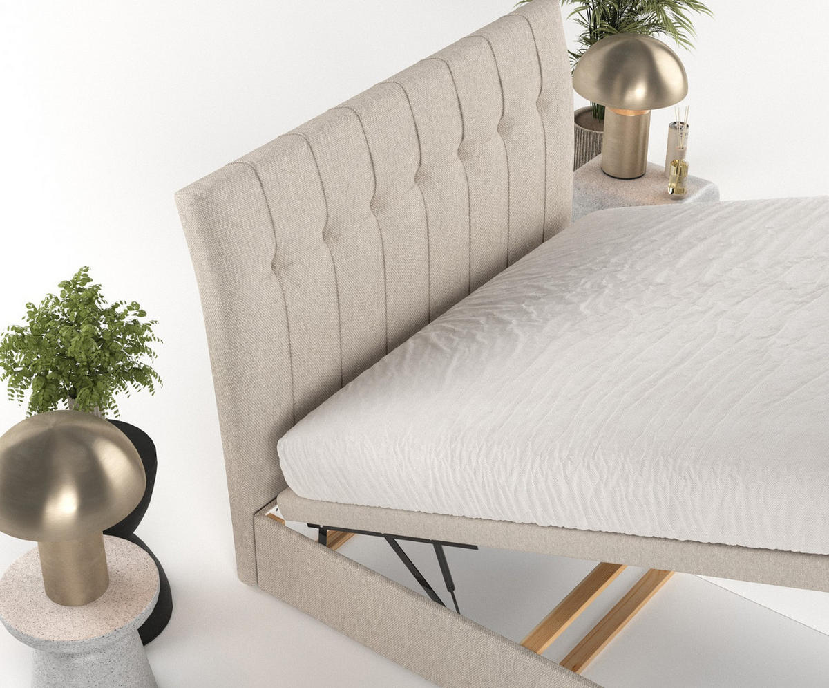 POLSTERBETT Kelsea mit Stauraum 160/200 cm Hellbeige im Megan Stoff - Sandfarben/Schwarz, Holz/Holzwerkstoff (160/200cm) - AltaBeds