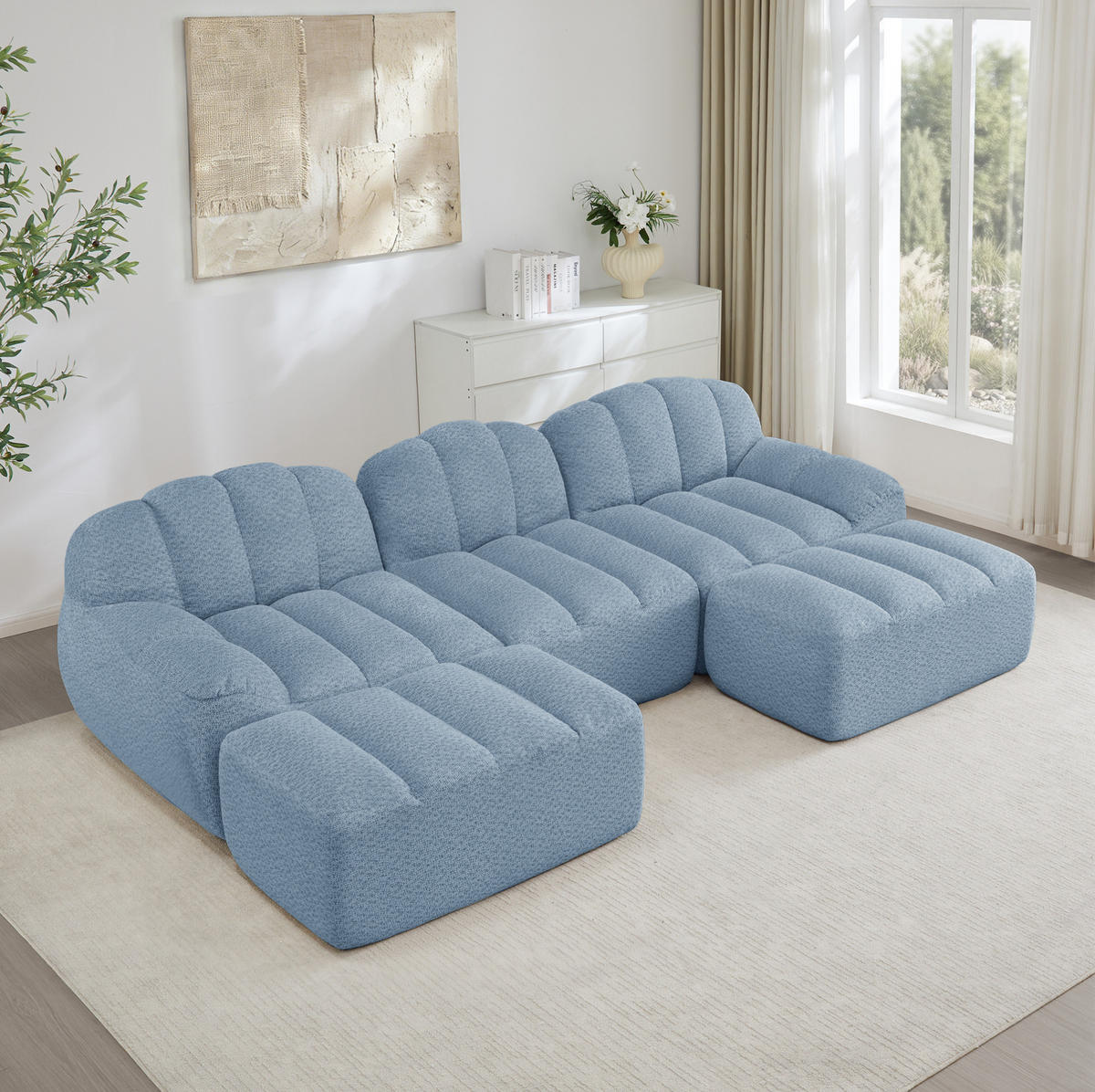 SOFA modular U-/L-Form 3-Sitzer Blue Granular Fleece - Blau, Kunststoff (165/79/288.1cm) - Meubliv