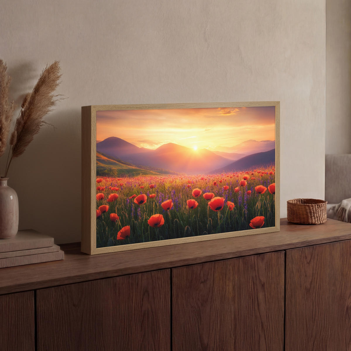 WANDLEUCHTE MIT AKKU Landschaft - Sonnenuntergang - Blumenfeld 60x40 cm - Rot, Holzwerkstoff (60/40/8cm) - OnlyWow