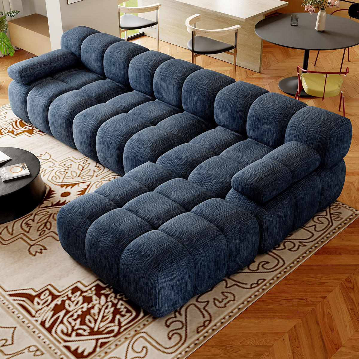ECKSOFA 300/200/68 cm Blau Stoff mit 1 Fußhocker - Blau, Textil (200/300cm) - Oxeza