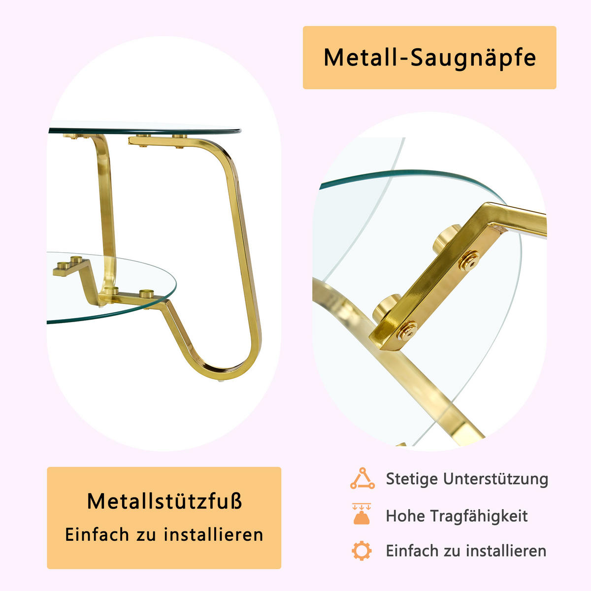 COUCHTISCH DE-186 Retro Minimalistisch Metallrahmen Schwarz/Gold - Goldfarben, Metall (80/80/45cm) - ComfortXL