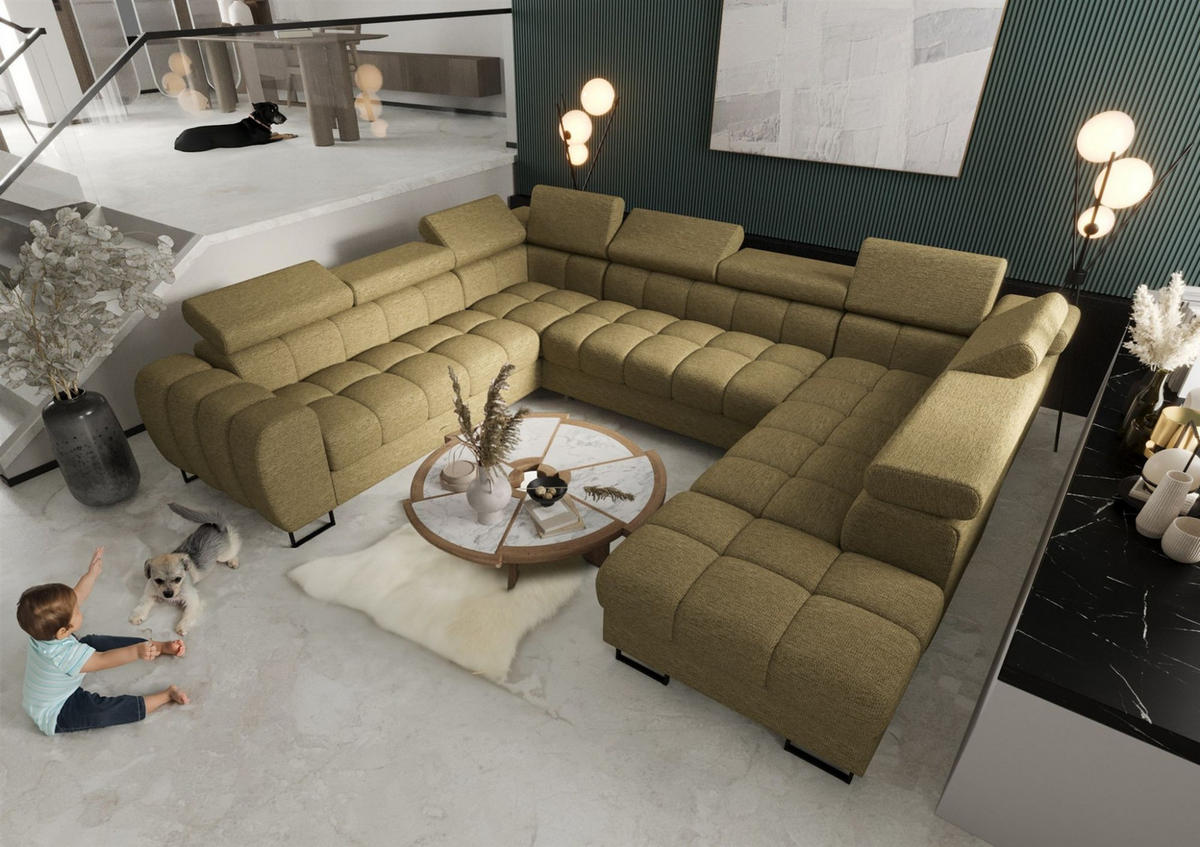 WOHNLANDSCHAFT Bastien Xl - Grün, Holzwerkstoff/Textil (350/95/265cm) - Fun Möbel