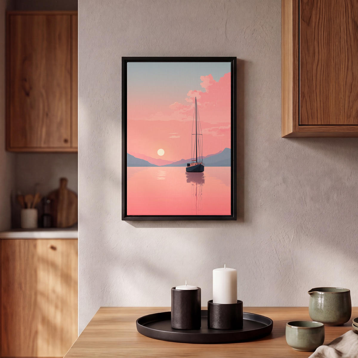 LEINWAND Bilder mit Rahmen - Segelboot - Rosa Meer - Sonnenuntergang - Berge - 20x30 - Rosa, Textil (20/30cm) - MuchoWow