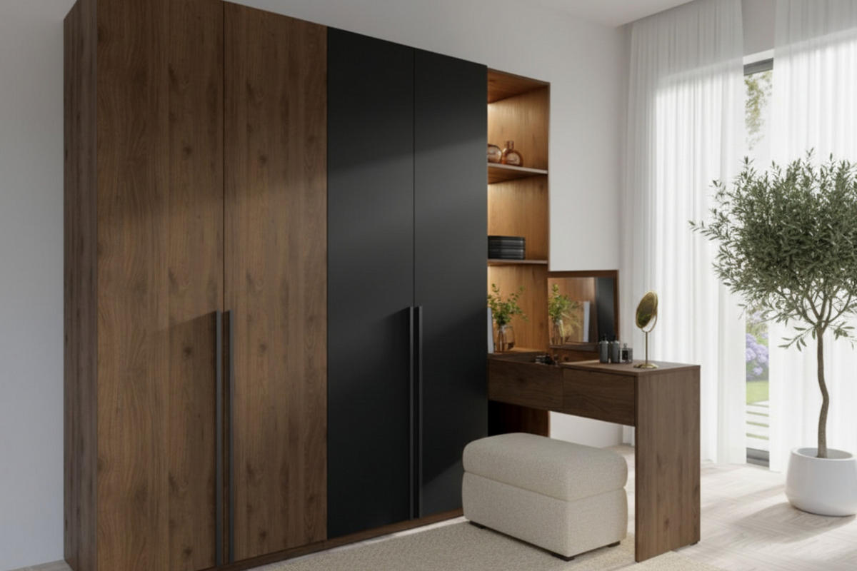 KLEIDERSCHRANK VASSA 226 / 220 / 146 cm in Schwarz / Nussbaum mit Schminktisch - Nussbaumfarben/Schwarz, Holzwerkstoff (226/146/221cm) - Deine Möbel 24