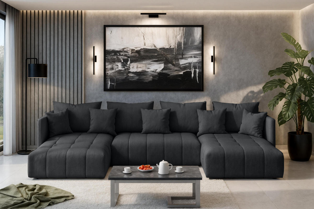 WOHNLANDSCHAFT Veliro U Dunkelgrau 353/180/83 cm mit Schlaffunktion und Bettkasten - Schwarz/Grau, Kunststoff/Textil (353/83/180cm) - AX Living