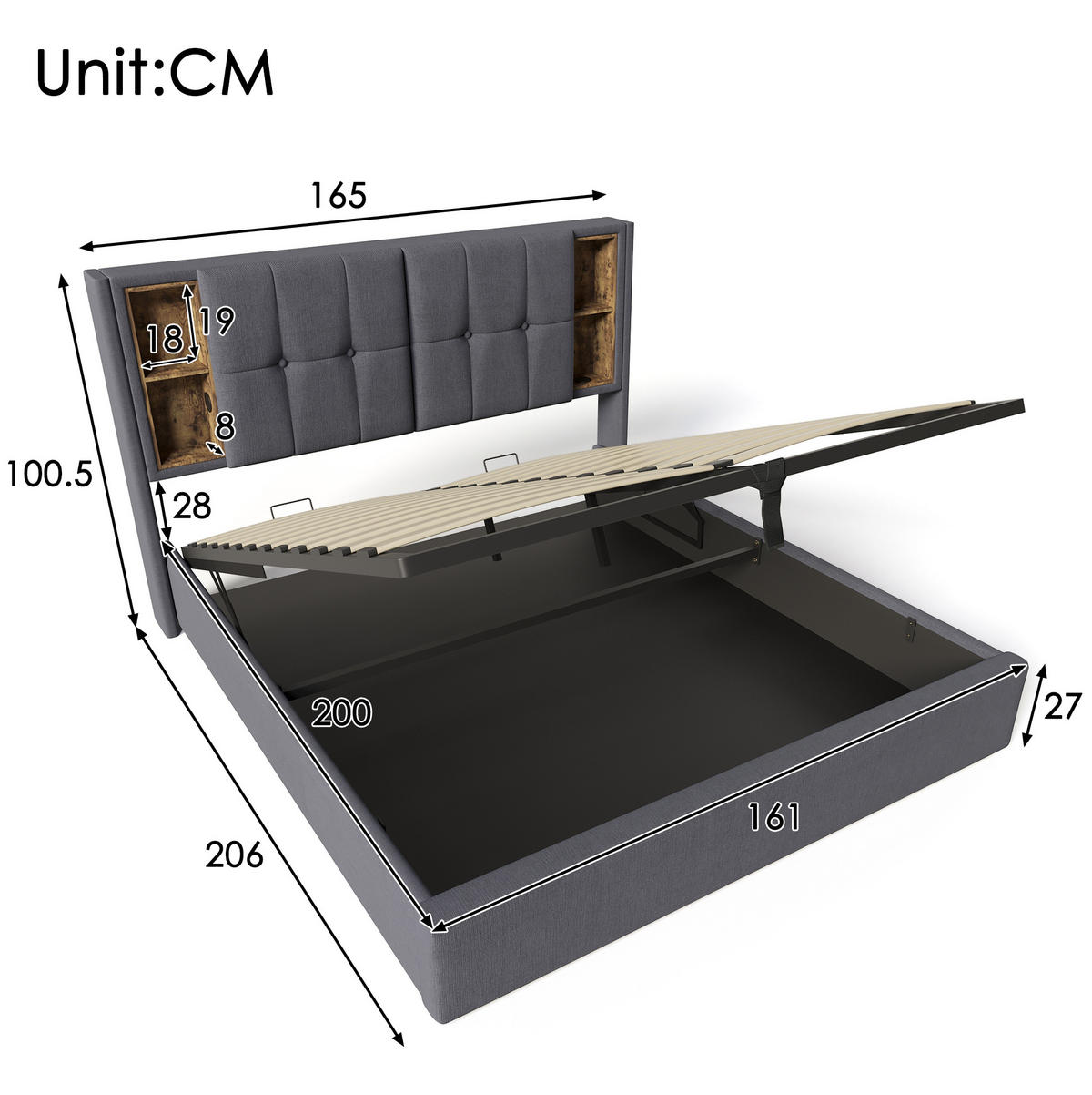 POLSTERBETT 160/200 cm Grau aus Baumwolle mit Stauraum und Ladestation - Grau, Textil (160/200cm) - OKMYHOME