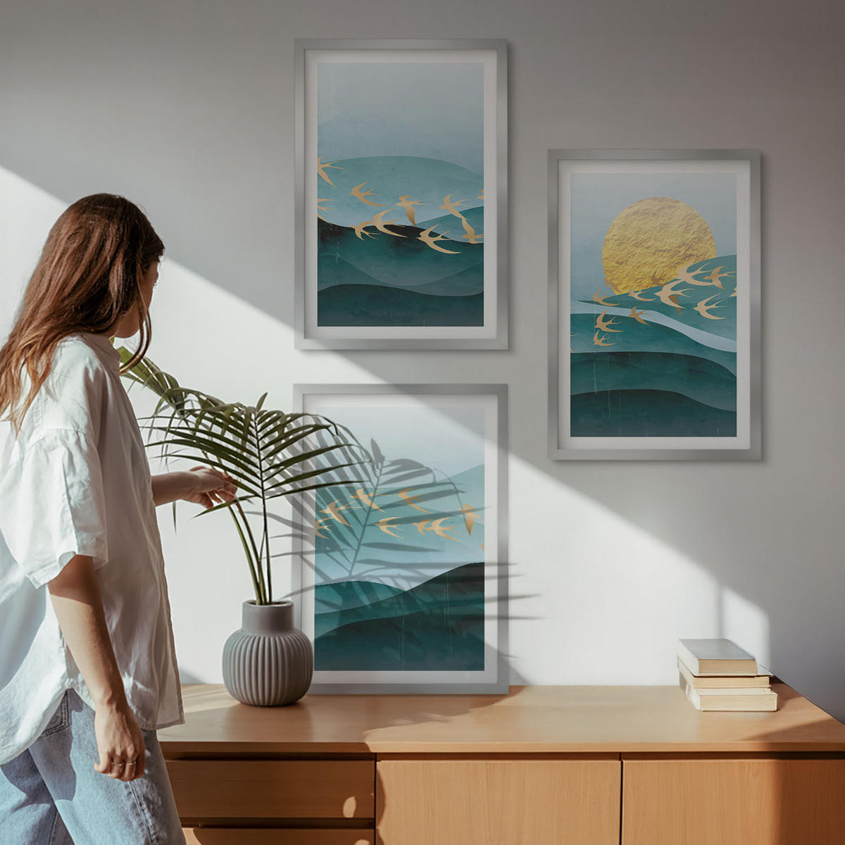 BILDER SET 3er Set - 40x60 cm Silberner Rahmen - Abstrakte Sonnenuntergangslandschaften - Silberfarben, Kunststoff (40/60cm) - TULUP