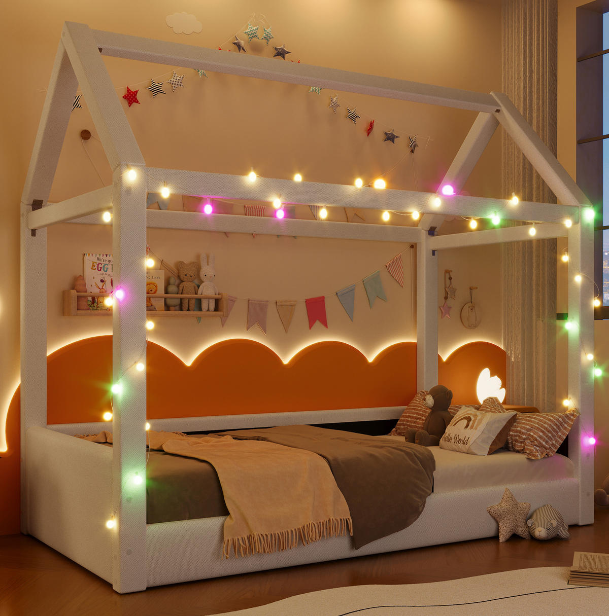 ČALÚNENÁ posteľ s ľanovým poťahom, 90/200 cm béžová, LED osvetlenie v tvare domčeka - béžová, textil (90/200cm) - BEAOK