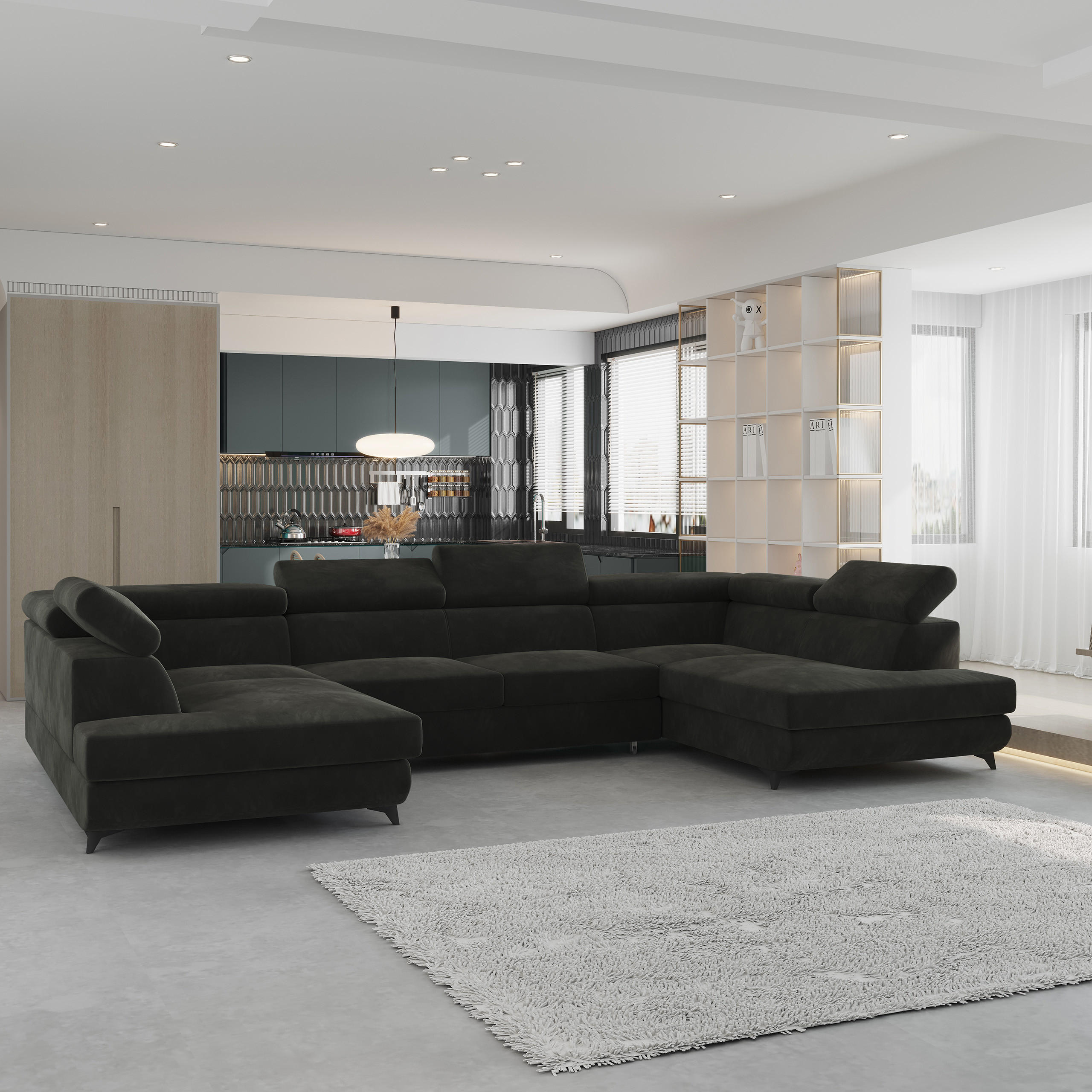 WOHNLANDSCHAFT VINTESSA Schwarz Velours-Stoff mit Schlaffunktion - Schwarz, Holz (323/89/190cm) - MASSENO