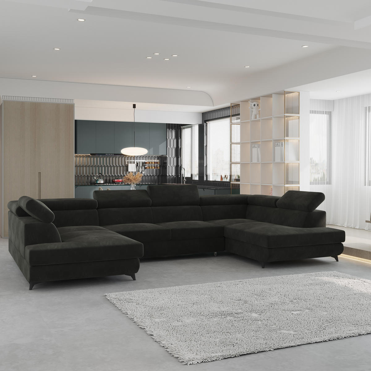 WOHNLANDSCHAFT VINTESSA Schwarz Velours-Stoff mit Schlaffunktion - Schwarz, Holz (323/89/190cm) - MASSENO