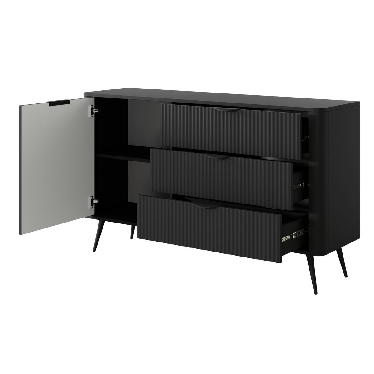 SIDEBOARD LEKNES KOM3 Reliefierte Fronten aus MDF-Platte Schwarz Schwarz - Schwarz, Glas/Holzwerkstoff (138/81/38cm) - Komodee