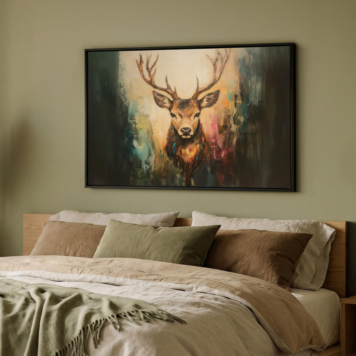 LEINWAND Bilder mit Rahmen - Hirsch - Gemalt - Geweih - Braun - 90x60 - Haselnussfarben, Textil (90/60cm) - MuchoWow