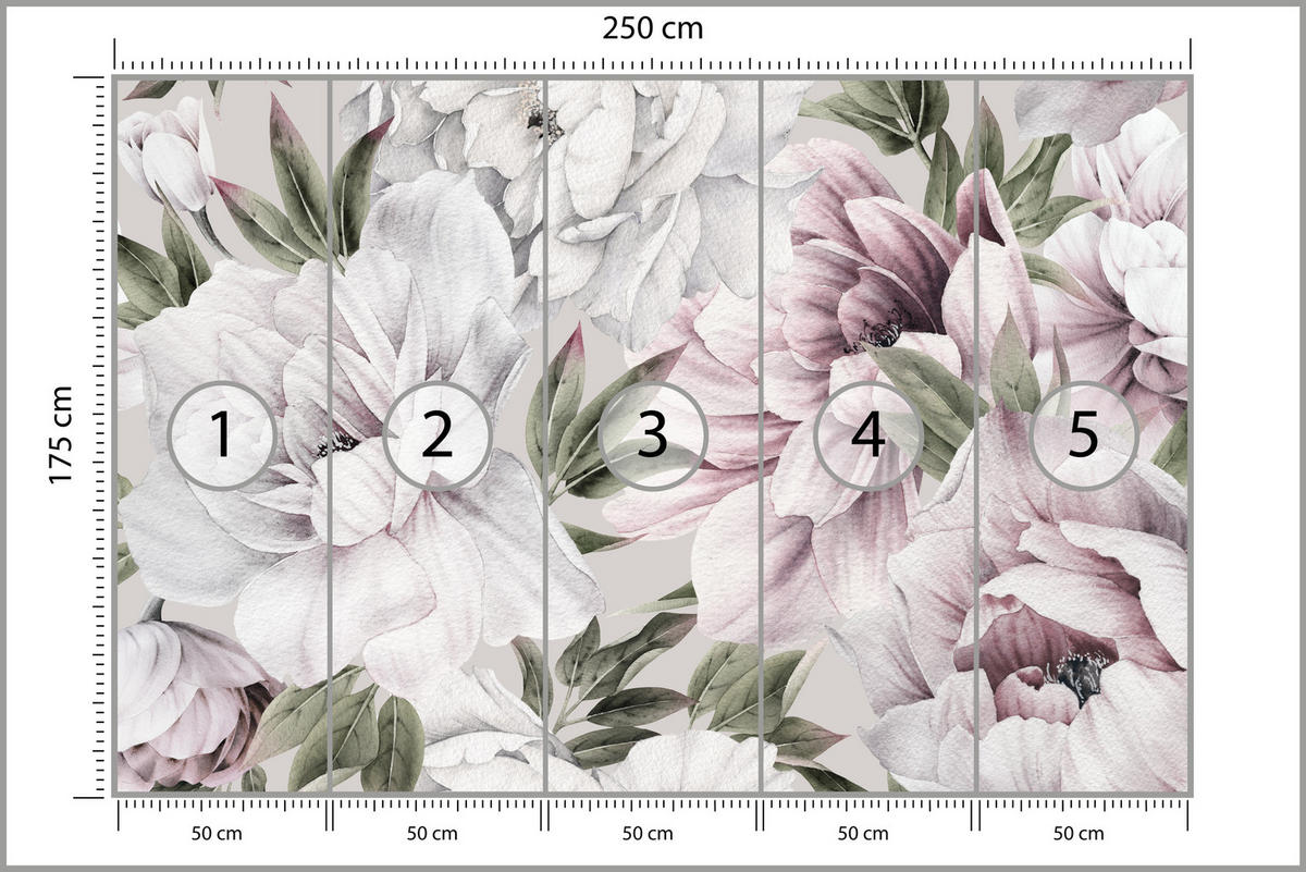 FOTOTAPETE für Schlafzimmer Pastell Pfingstrosen Boho Pflanzen 250x175 - Violett/Rosa, Papier (250/175cm) - Muralo