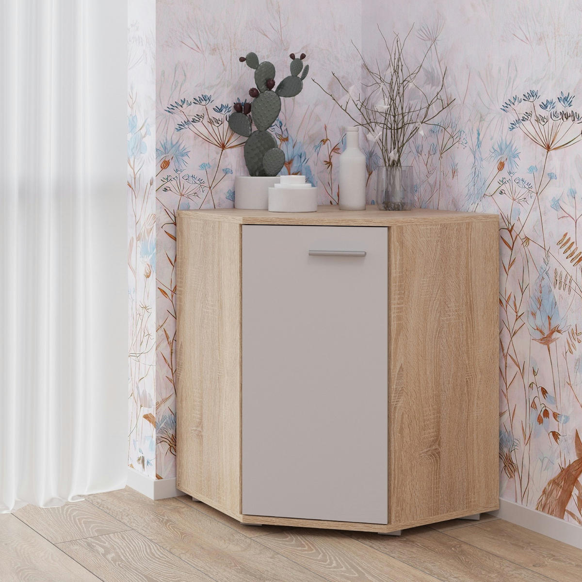 SIDEBOARD FAUSKE KOM4-1D Eiche Sonoma Weiß - Silberfarben/Weiß, Holzwerkstoff/Kunststoff (138/74/34cm) - Komodee