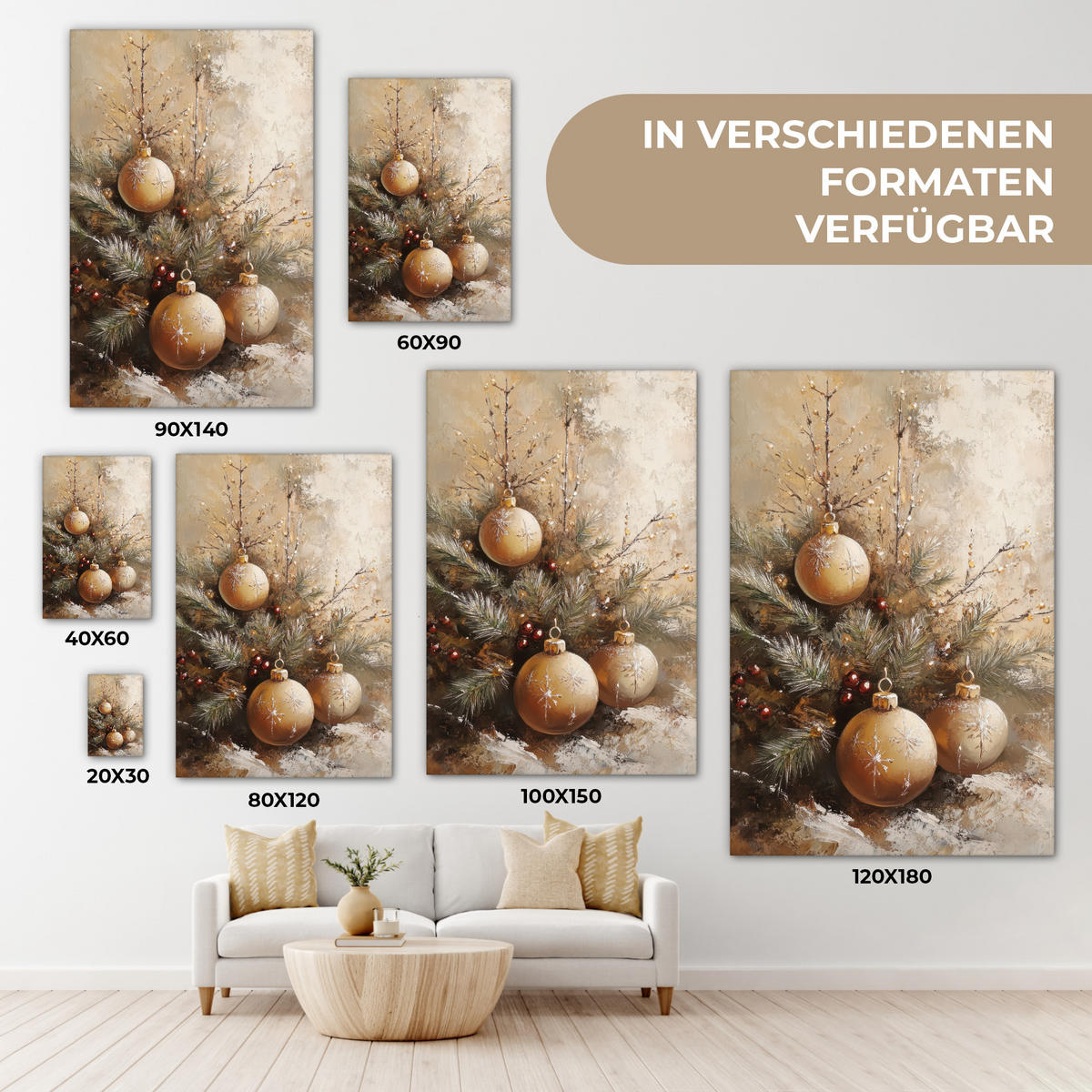 LEINWANDBILD Weihnachten - Kugeln - Beige - Gold 20x30 cm - Goldfarben, Textil (20/30cm) - MuchoWow