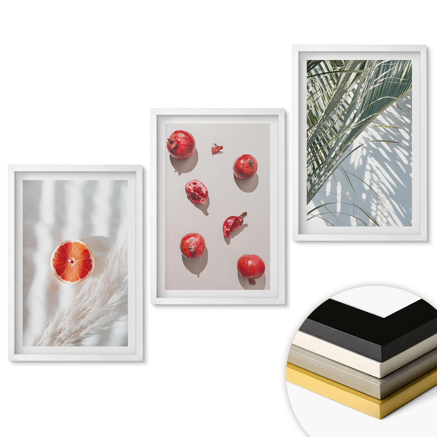 WANDBILDER 3er-Set - 40x60 cm Weißer Rahmen - Feiertagspalmenfrüchte - Weiß, Kunststoff (40/60cm) - ArtPrintCave