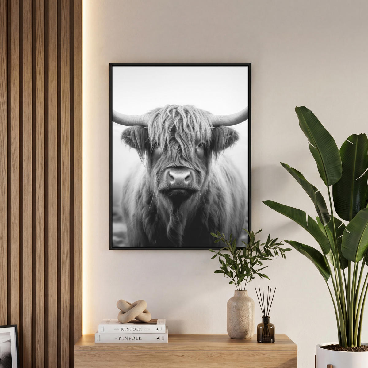LEINWAND Bilder mit Rahmen - Schottischer Highlander - Nebel - Schwarz - Weiß - 50x70 - Grau, Textil (50/70cm) - MuchoWow