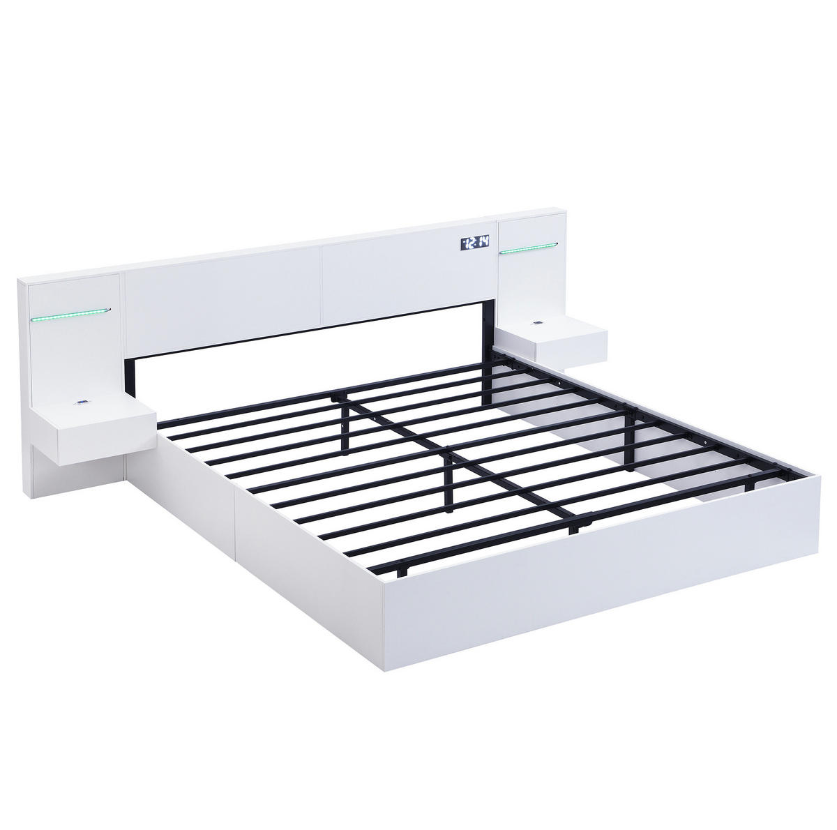 DOPPELBETT 180/200 cm mit Bluetooth-Lautsprechern, USB-A/USB-C, Uhr und Farblichtleiste, Weiß - Weiß, Holzwerkstoff (180/200cm) - Redom