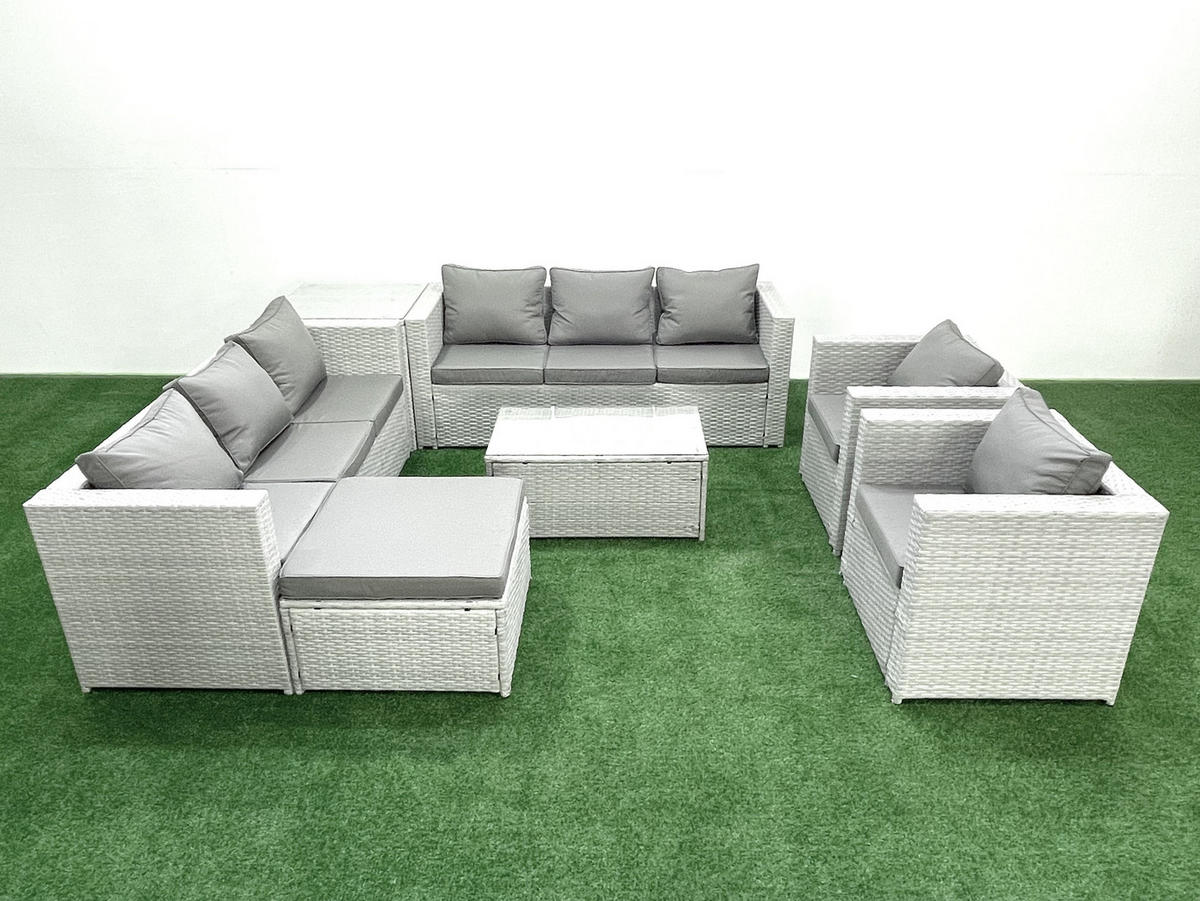 GARTENGARNITUR mit 3-SITZER SOFA,COUCHTISCH Polyrattan Hellgrau-Mix 9-Sitzer - Hellgrau/Grau, Glas/Kunststoff - Fimous