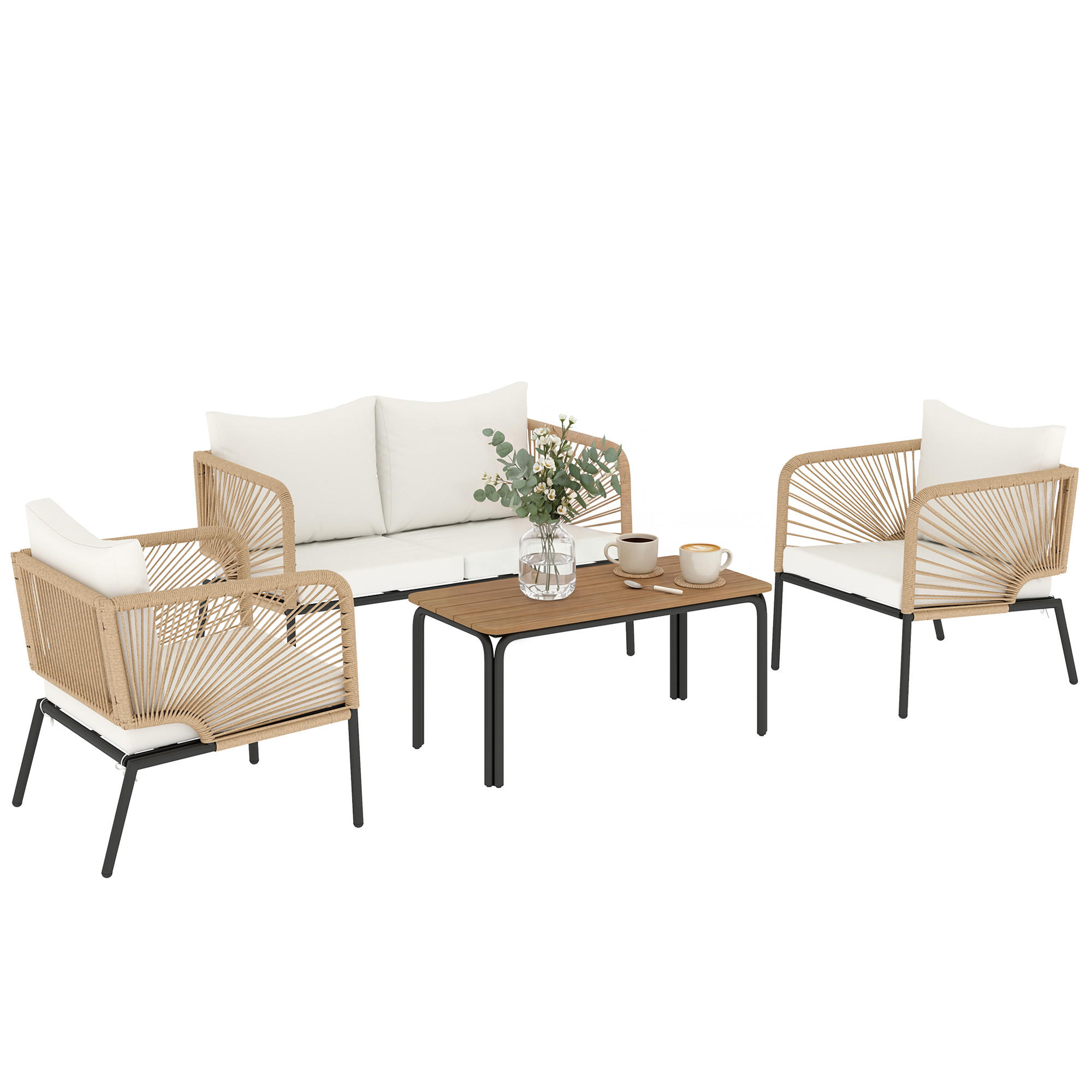 GARTENMÖBEL SET DE-06575, 2er Sofa, 2 Sessel, Lamell-Tisch, Seilflecht Grau - Weiß, Kunststoff/Metall - ComfortXL