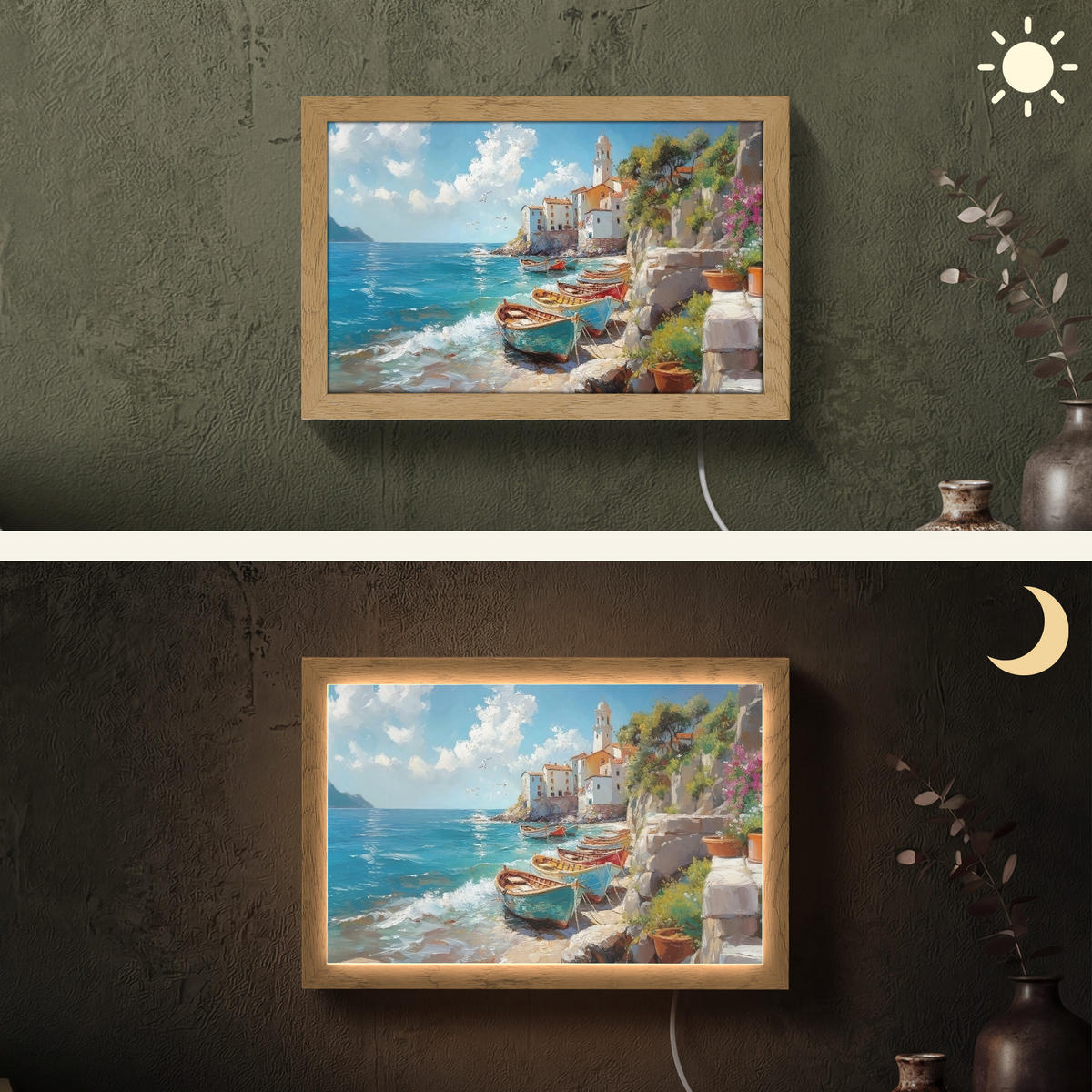 NÁSTĚNNÁ LAMPA Lodě - skály - moře - slunce 30x20 cm - modrá, kompozitní dřevo (30/20/8cm) - OnlyWow