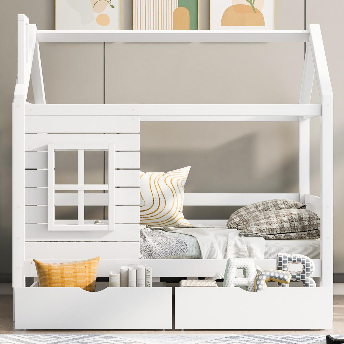 HAUSBETT 80x160cm Weiß Mit Rausfallschutz Fenster & Lattenrost - Weiß, Holzwerkstoff (80/160cm) - FLIEKS