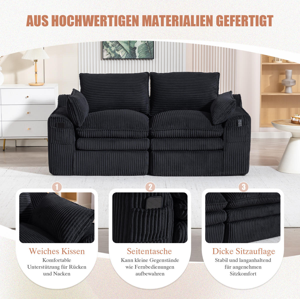 2-SITZER-SOFA 191/94/85 cm mit Seitentaschen und Kissen, Cordbezug und Federkern, Schwarz - Schwarz, Textil (191/85/94cm) - Redom