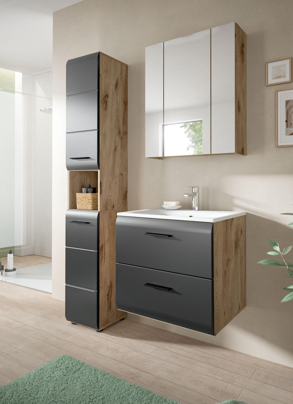 BADMÖBEL-SET 3-teilig Schwarz matt, Eiche Nox, Badezimmer Komplett-Set mit Waschbecken, 105 x 185 cm - Eichefarben/Schwarz, Glas/Keramik (105/185/46cm) - Inn.Furn