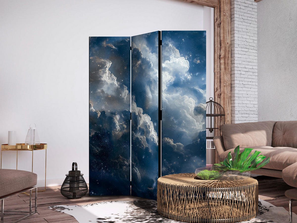 PARAVENT Beidseitig Bedruckter 3-tlg 135x172 cm Sternenhimmel mit Wolken - Blau, Holz/Textil (135/172/3cm) - Muralo