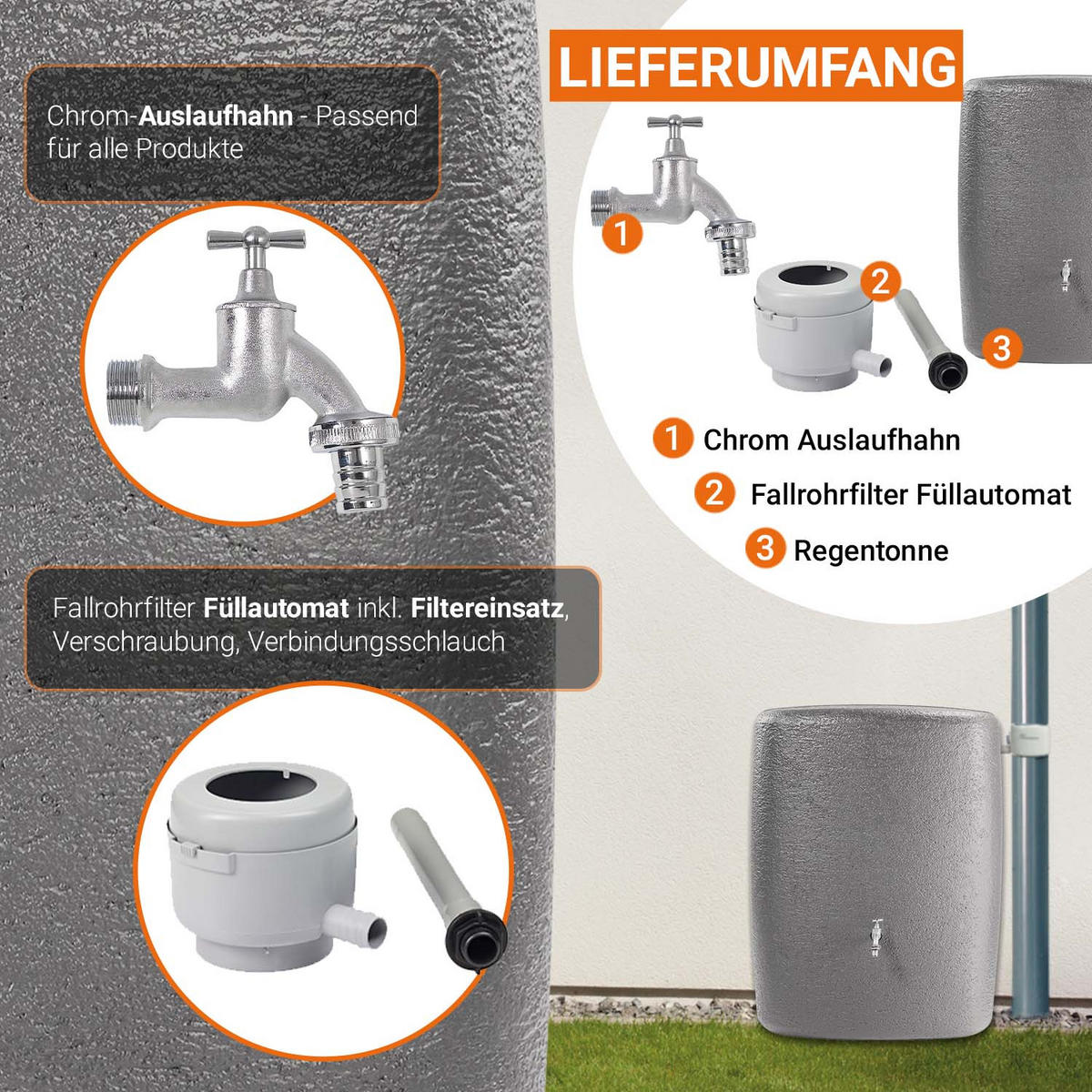 WANDTANK Komplett-Set 275 L graphite grey inkl. Chrom-Auslaufhahn und Fallrohranschluss - Grau, Kunststoff (40/105/80cm) - GARANTIA