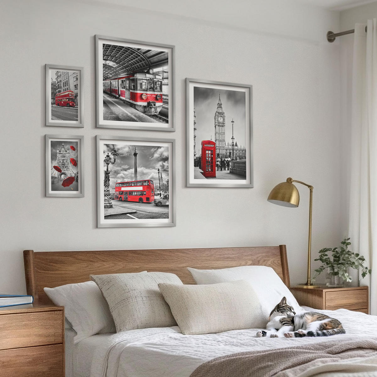 WANDBILDER 5er Set - 50x50 cm & 20x30 cm & 40x60 cm Silberner Rahmen - Tropischer Wald Papageienwasserfall - Silberfarben, Kunststoff (40/60cm) - ArtPrintCave