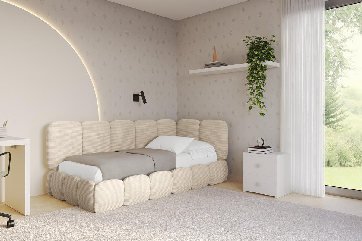 EINZELLBETT Jugendbett mit Bettkasten, Links - AVRY 100x200 Beige - Beige/Creme, Holzwerkstoff/Textil (100/200cm) - ALTDECOR