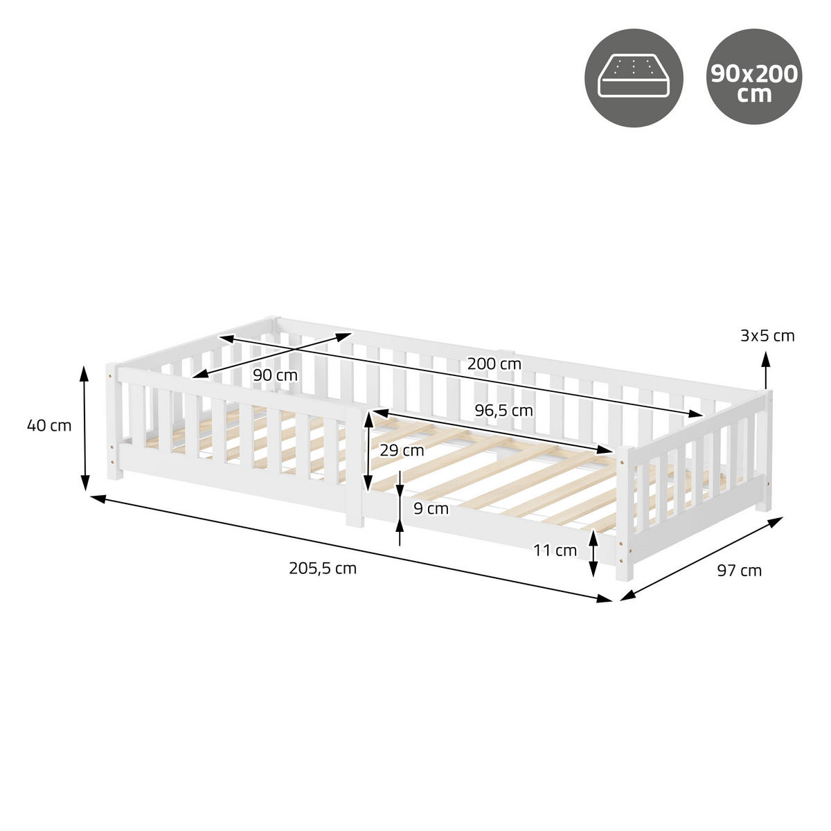 KINDERBETT 90x200 cm Weiß mit Matratze H:10 cm - Weiß, Kunststoff (90/200cm) - ML-DESIGN