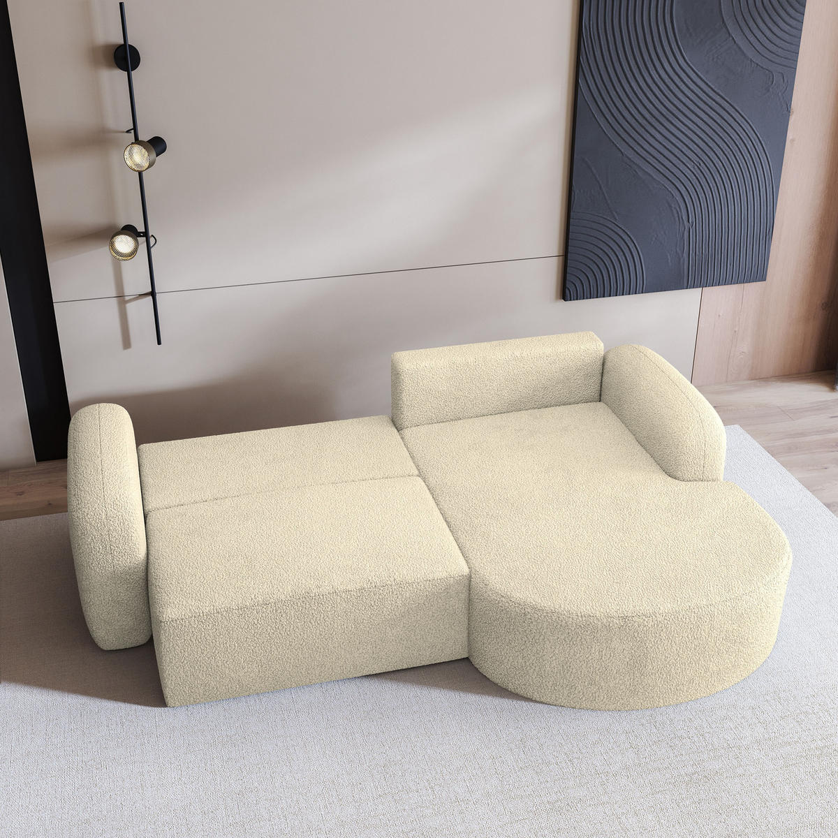 ECKSOFA AMILIA R-S Creme Boucle-Stoff mit Schlaffunktion - Creme, Holz (263/174cm) - MASSENO