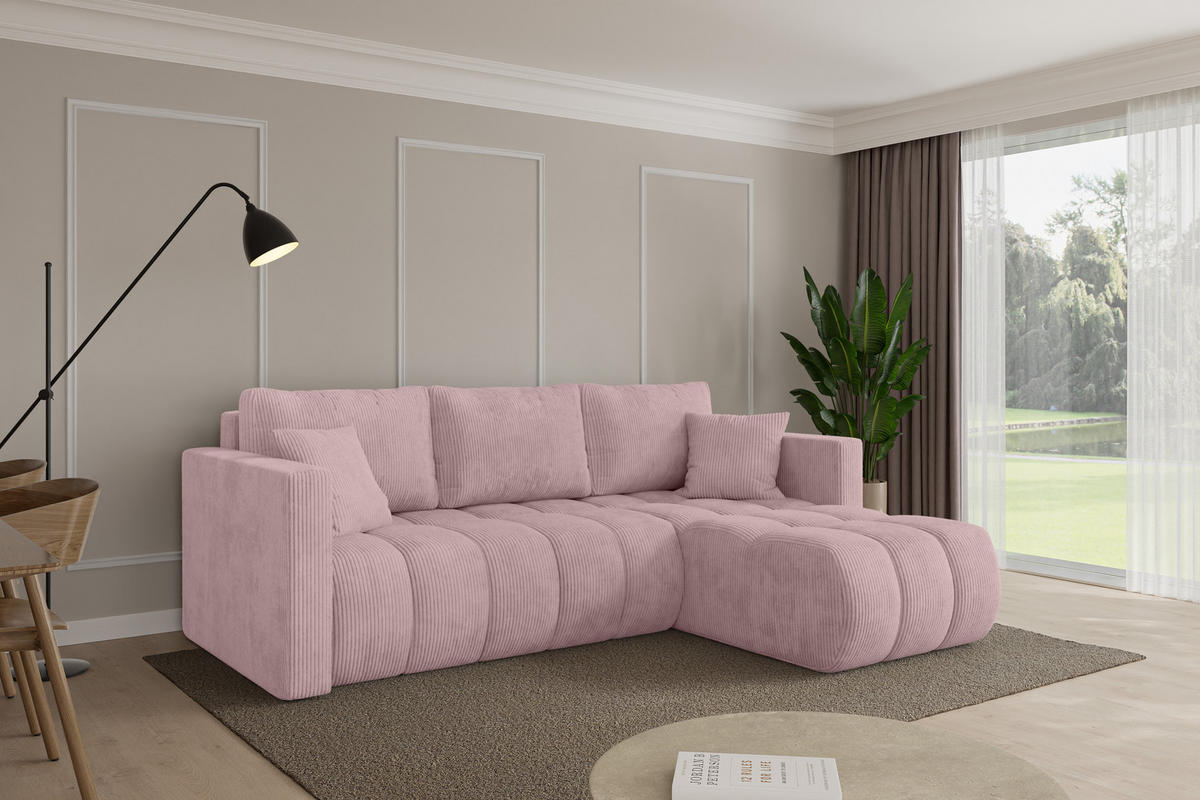 ROHOVÁ SEDAČKA s funkcí spaní, otoman vpravo GARD-L 226x146x85 růžová manšestr - růžová/černá, kompozitní dřevo/textil (226/146cm) - ALTDECOR