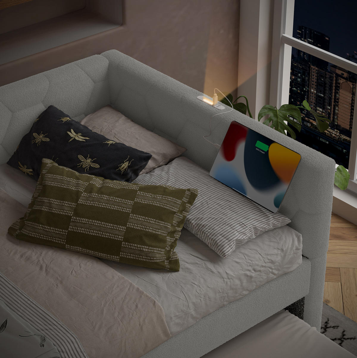 POSTEL 140/200 cm bílá z MDF a sametové látky s výsuvným lůžkem USB a lampičkou - bílá, textil (140/200cm) - OKWISH