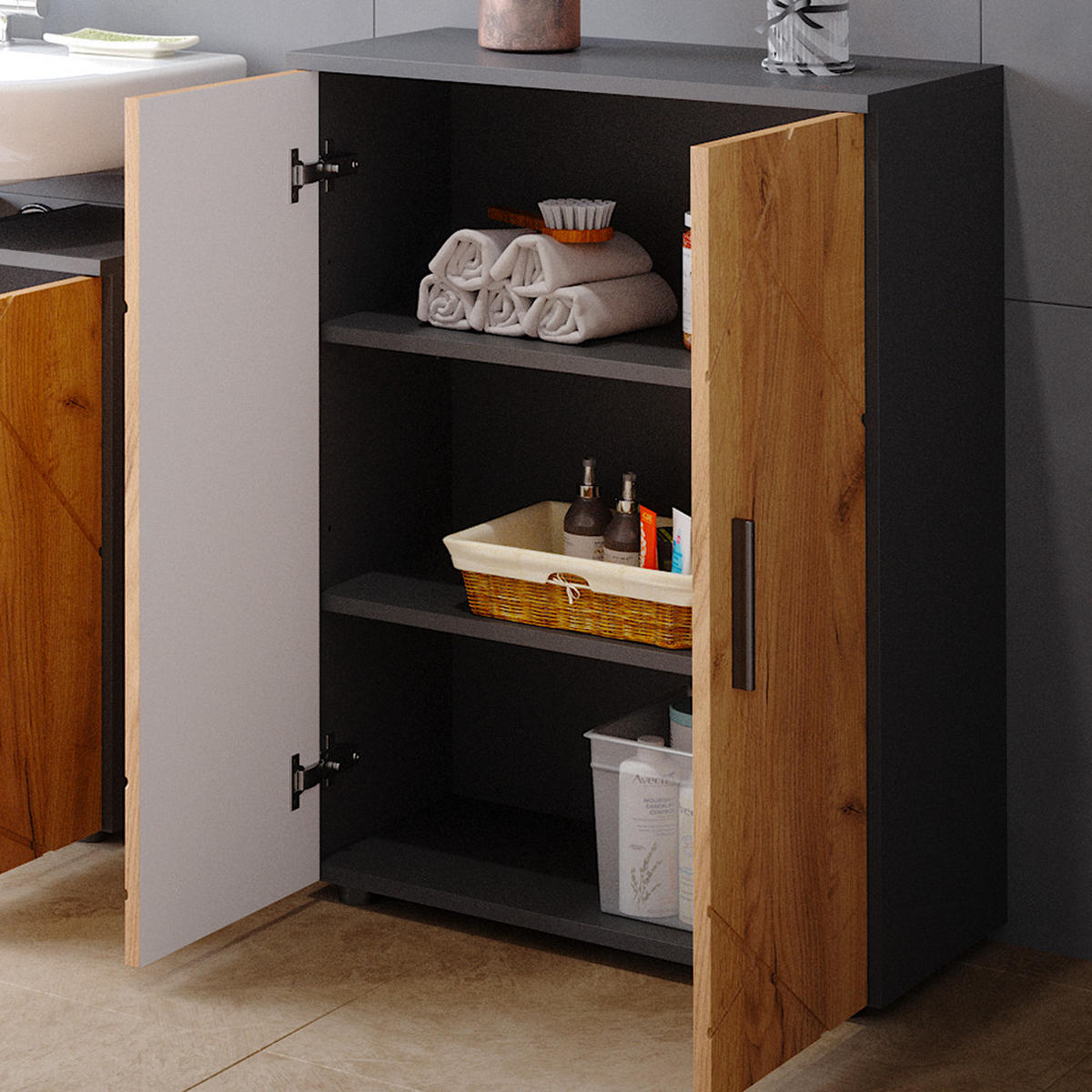 MIDISCHRANK Irma Anthrazit/Goldkraft Eiche 60 x 81 cm - Anthrazit/Eiche Wotan, Holzwerkstoff (60/81/30cm) - Vicco