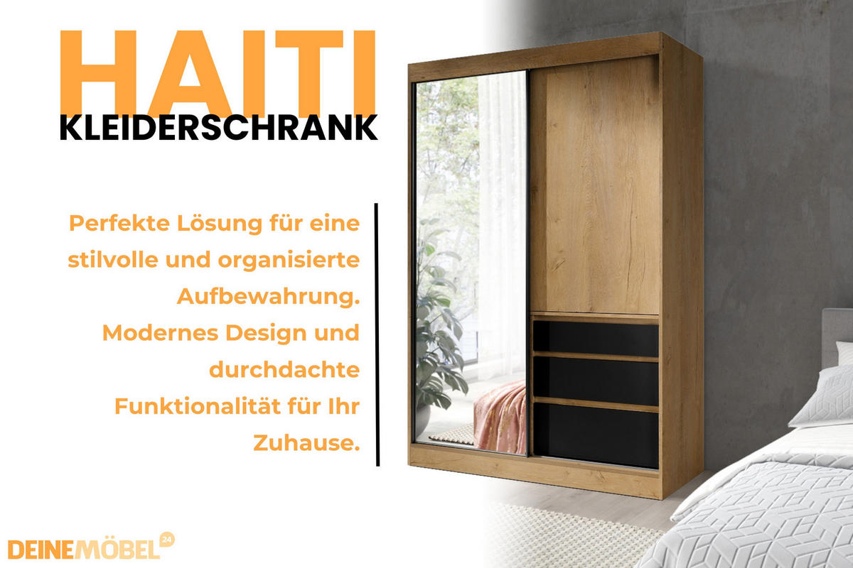 SCHWEBETÜRENSCHRANK HAITI 140/216 cm in Eiche Lefkas / Schwarz - Eichefarben/Schwarz, Holzwerkstoff (140/65/216cm) - Deine Möbel 24