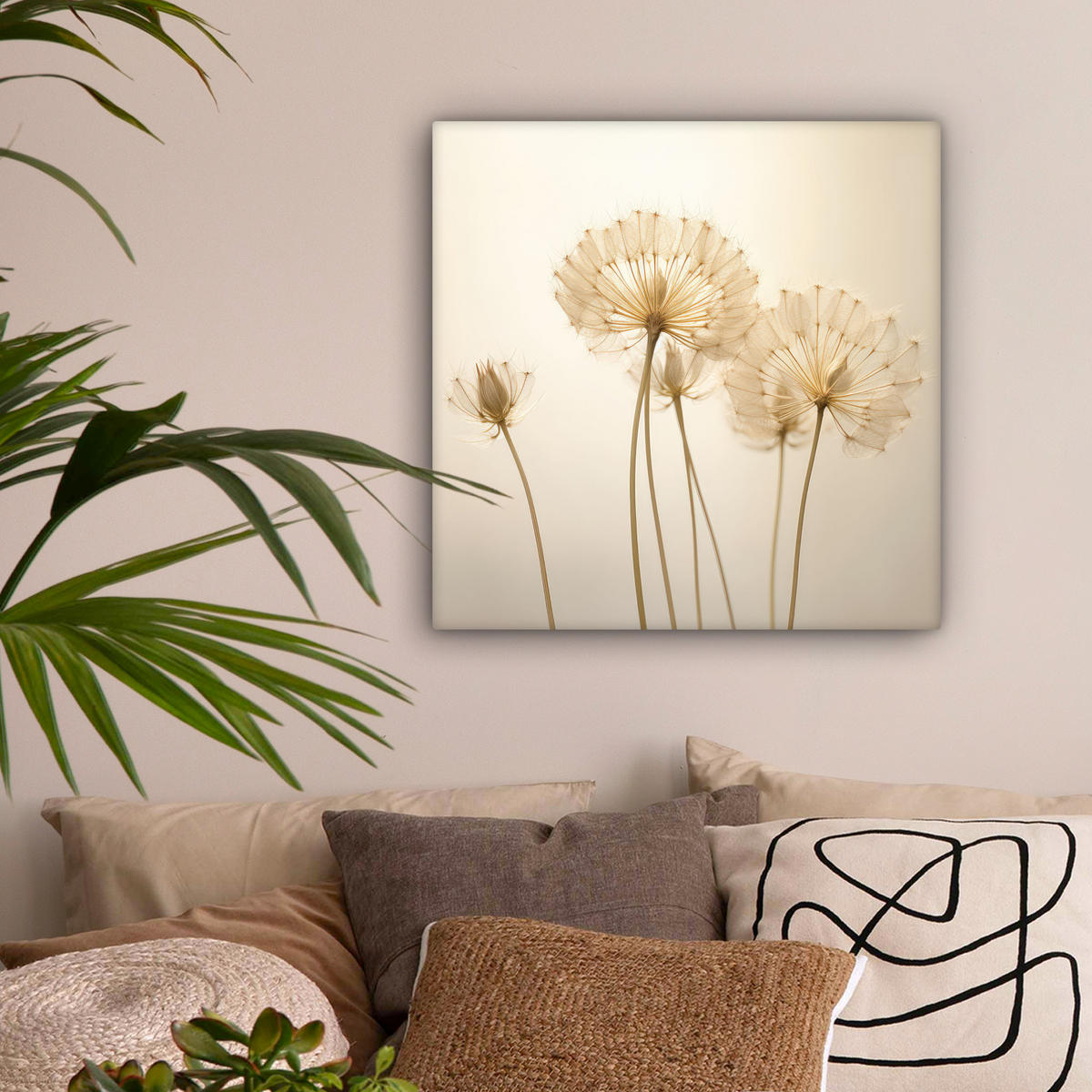 LEINWANDBILD Sonnenlicht - Löwenzahn - Botanisch - Blumen Wandbild Wohnzimmer 50x50 cm - Creme, Textil (50/50cm) - MuchoWow