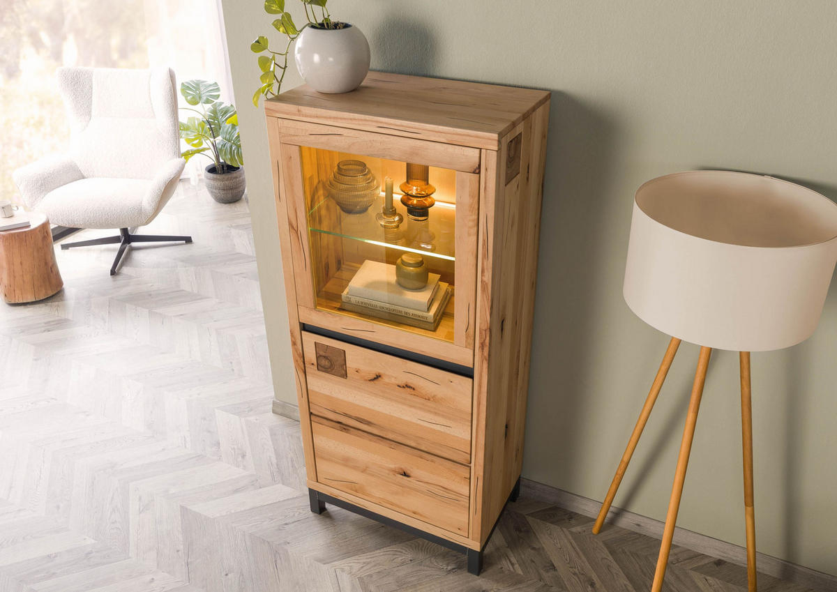 VITRINE Kernbuche 65x40x148 natur geölt VILLANDERS #104 - Hellbraun, Holz (65/148/40cm) - Massivmoebel24