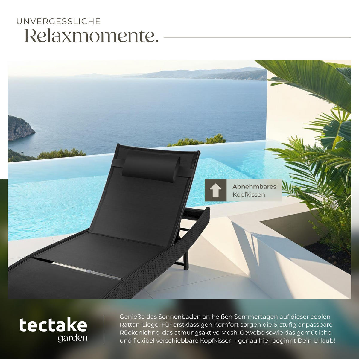 RATTAN-SONNENLIEGE Moana, 69 x 211 x 41 - 94 cm, schwarz - Schwarz, Kunststoff (69/94/211cm) - tectake
