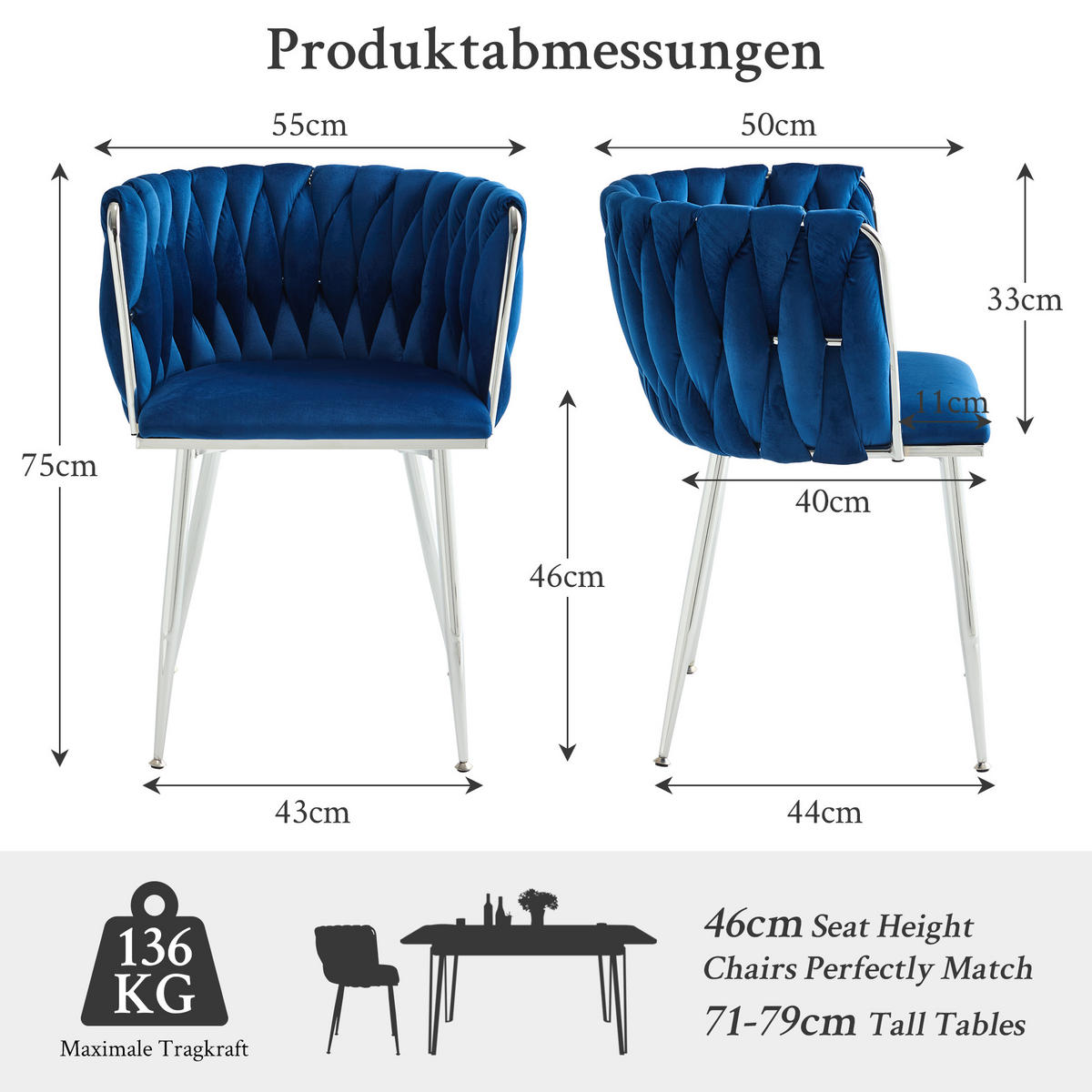 ARMLEHNSTUHL-SET DE-36443 2 Stück mit Samtbezug und Web-Design Marineblau - Blau, Metall (48/75/55cm) - ComfortXL