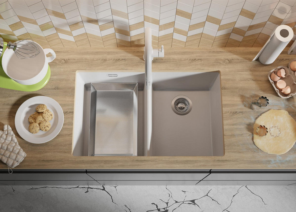 UNTERBAUSPÜLE GRANIT London Twin, 2-er set Alles Weiß 76/47 cm 2 Becken + Ablauf-Set ab 80er Unterschrank - Weiß, Kunststoff (76/20/47cm) - Primagran