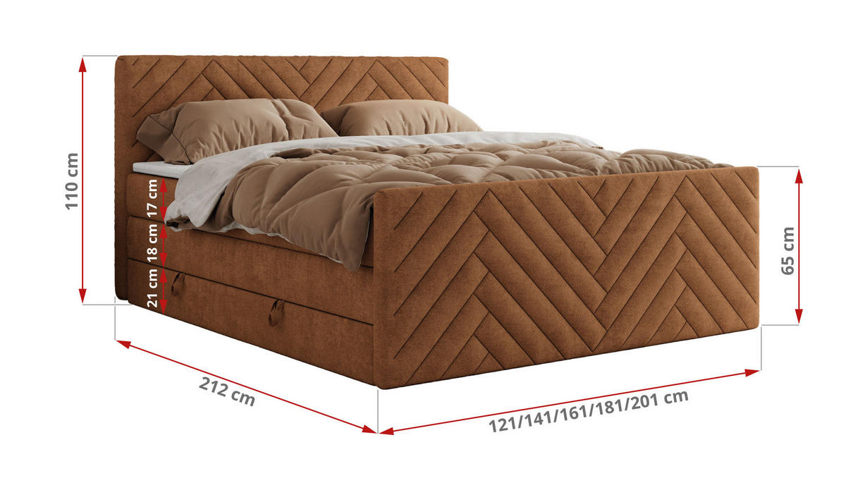 BOXSPRINGBETT PARIS KING DUO - 200/200 - Orange Struktur - H4 - Orange, Holz/Textil (200/200cm) - MKS